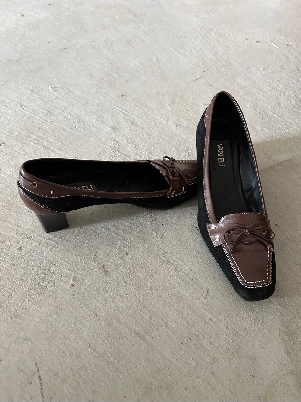 Vaneli Black Suede with Brown Leather Trim Kitten Heel Loafers